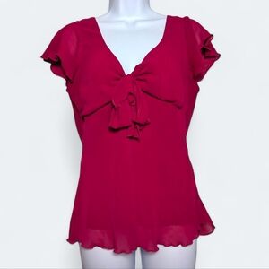 H&M Burgundy Chiffon Whimsical Blouse Flutter Sleeve Romantic Feminine Cottageco